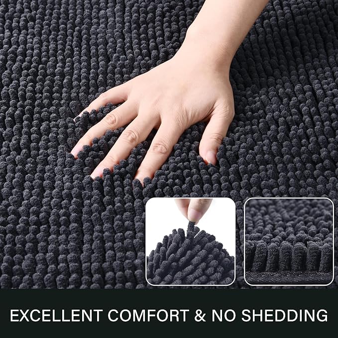 LOCHAS Luxury Bathroom Rug Shaggy Bath Mat 24 x 48 Inch, Washable Non Slip Bath Rugs for Bathroom Shower, Soft Plush Chenille Absorbent Carpets Mats, Dark Grey