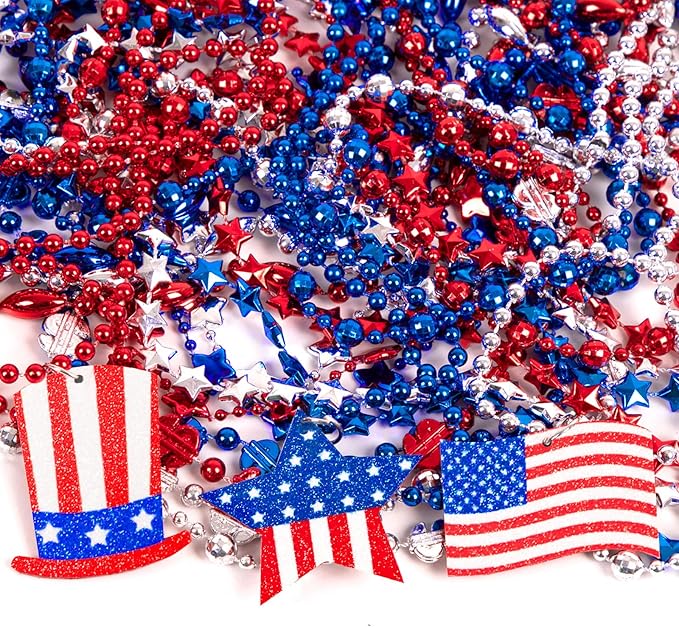 72PCS 4th of July Accessories Necklaces: Blue White and Red Beads Bulk, Patriotic Party Independence Memorial Day Favors Toys Decorations