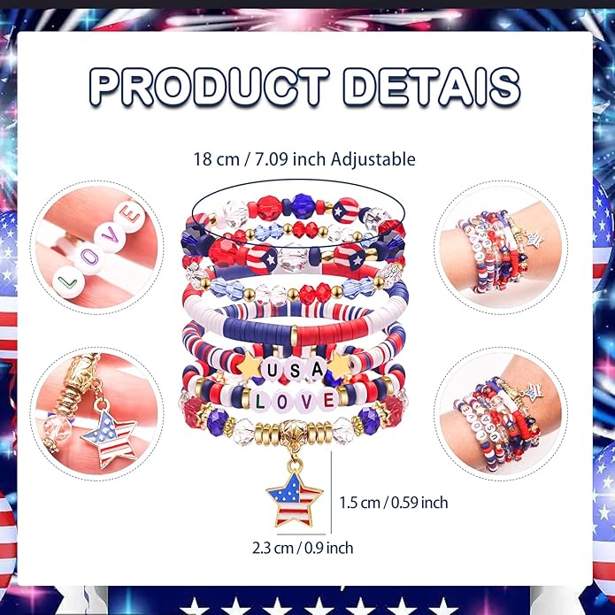 Independence Day Gifts for Women Men Teens Red White Blue Clay Beaded Stackable Stretch Bracelets USA Patriotic Jewelry 4th of July Accessories