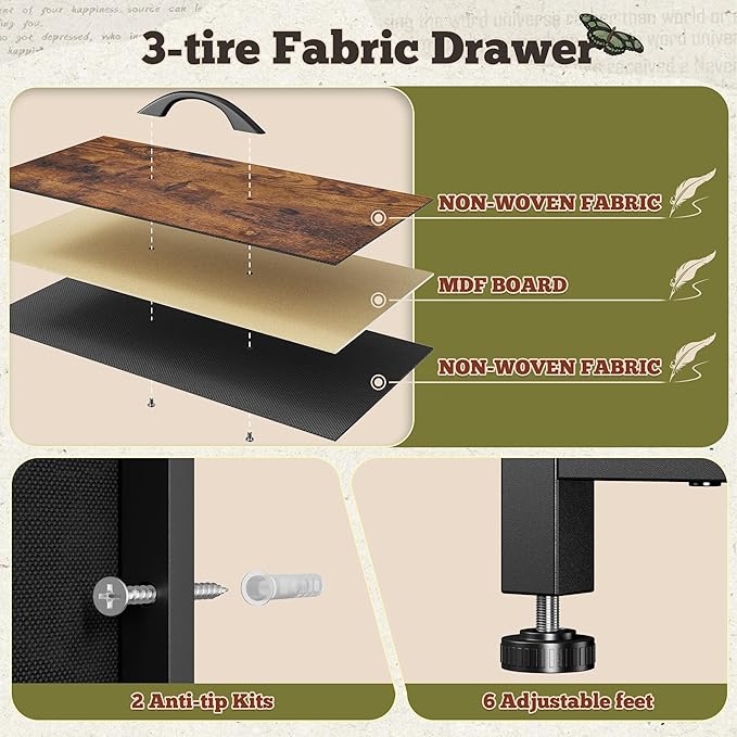 55" W Dresser for Bedroom with 9 Drawers, LED TV Stand with Power Outlets for 45, 55, 65 Inch TV, Sturdy Long Chest of Drawers with Extra 2 Wooden Shelves, Rustic Brown