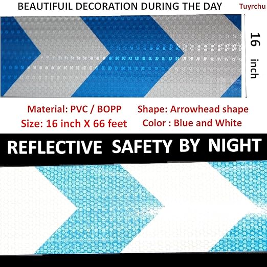 Blue White Reflective Tape Outdoor Waterproof 16 inch, High Visibility Hazard Conspicuity Safety Industrial Marking Tape (66 feet)