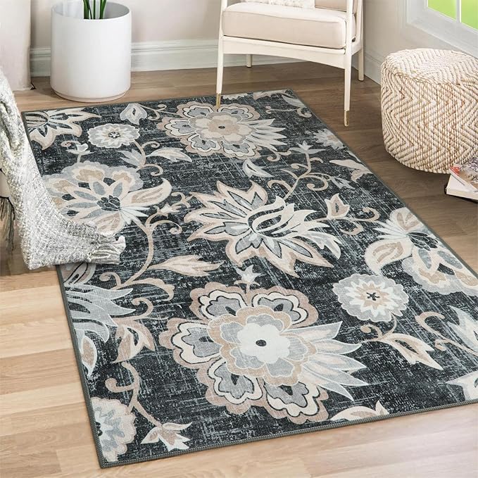Beeiva Floral Large Carpet for Bedroom, 4x6 Rug Non Slip Vintage Black Rug for Bedroom, Paisley Print Living Room Ultra Thin Washable Rugs for Entryway Bedside Office