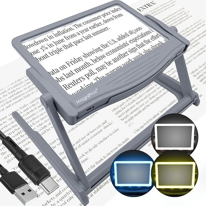 MAGNIPROS Patented 5X [Rechargeable] LED Page Magnifier with Foldable Stand | Eye Caring 3-Color Light Modes & Anti-Glare Lens for Reading Fine Print, Crafting, Low Vision & Seniors