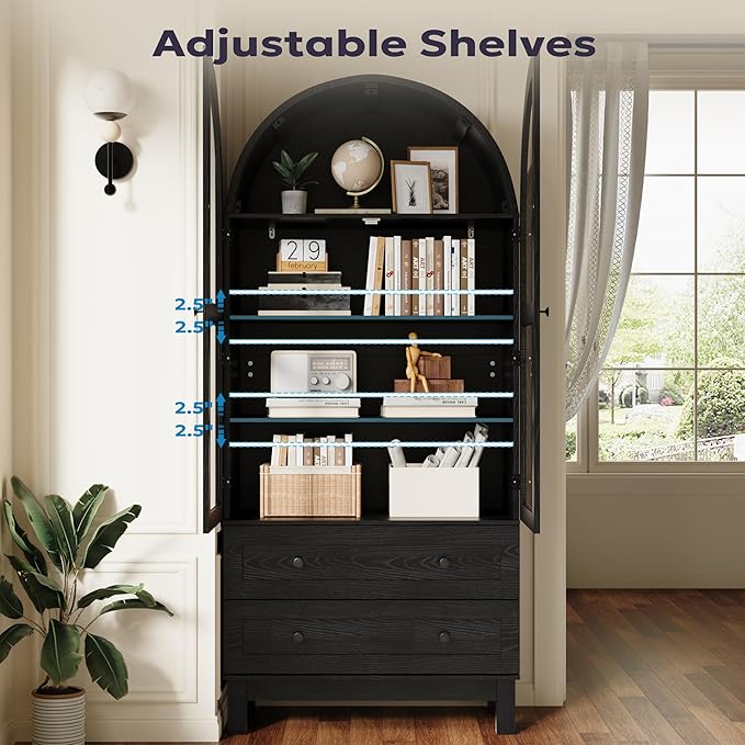 71" Tall Arched Kitchen Pantry, Kitchens Pantry Storage Cabinet with 2 Large Drawers and Adjustable Shelves, Modern Farmhouse Versatile Cupboard for Kitchen, Dining Room, Bathroom, Black
