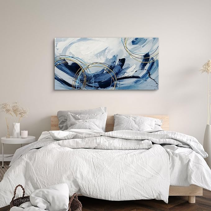 yiijeah Large Canvas Wall Art for Living Room - Blue and White Abstract Picture Framed Artwork for Walls Bohemian Minimalism Prints Paintsings Wall Decor for Office Bedroom 40x20 Inches