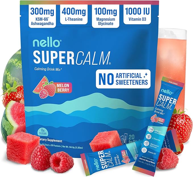 Nello Supercalm Powdered Drink Mix, Cortisol Reducer* and Sleep Aid Supplement, L Theanine, Ksm-66 Ashwagandha, Magnesium Glycinate, Vitamin D 3, No Sugar, Non GMO, On The Go, 20 Ct, Melon Berry