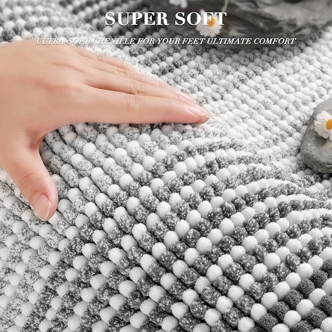 BSICPRO Bathroom Rugs Sets 3 Piece, Toilet Rugs U-Shaped Contour Bath Mat Set, Large Striped Non Slip Absorbent Chenille Shower Mat, Gray