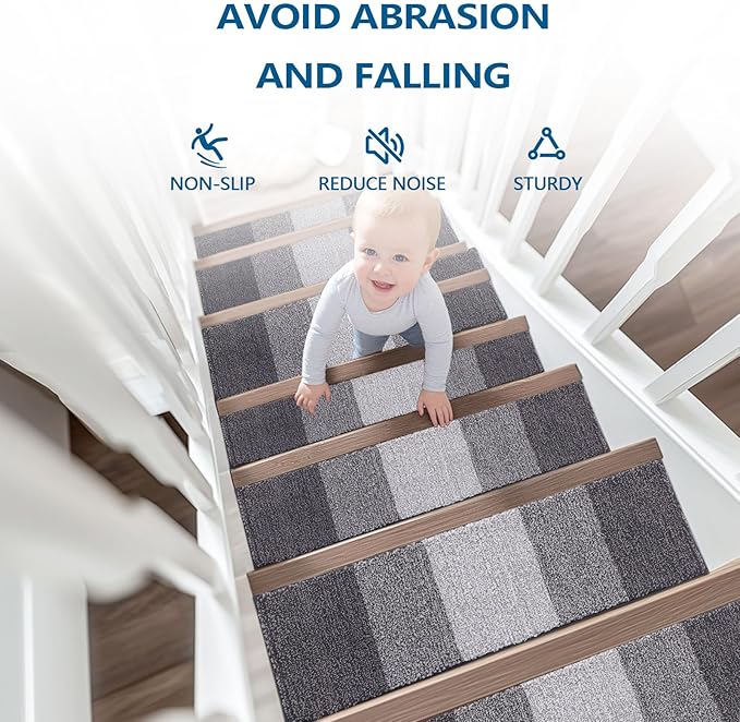 OLANLY Stair Treads Non Slip 4PCS, 8" x 30" Indoor Stair Runners for Wooden Steps, Edging Stair Rugs with Reusable Peel and Stick Adhesive for Kids Elders and Pets, Grey