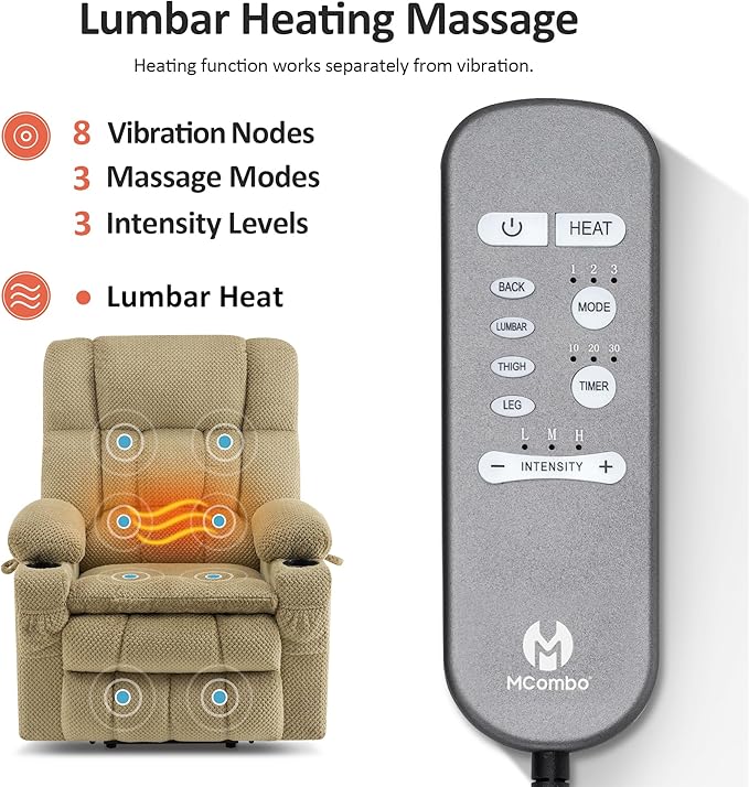 MCombo Dual Motor Power Lift Recliner Chair with Massage and Heat for Elderly People, Infinite Position, USB Ports, Cup Holders, Fabric 7890 (Medium, Beige)