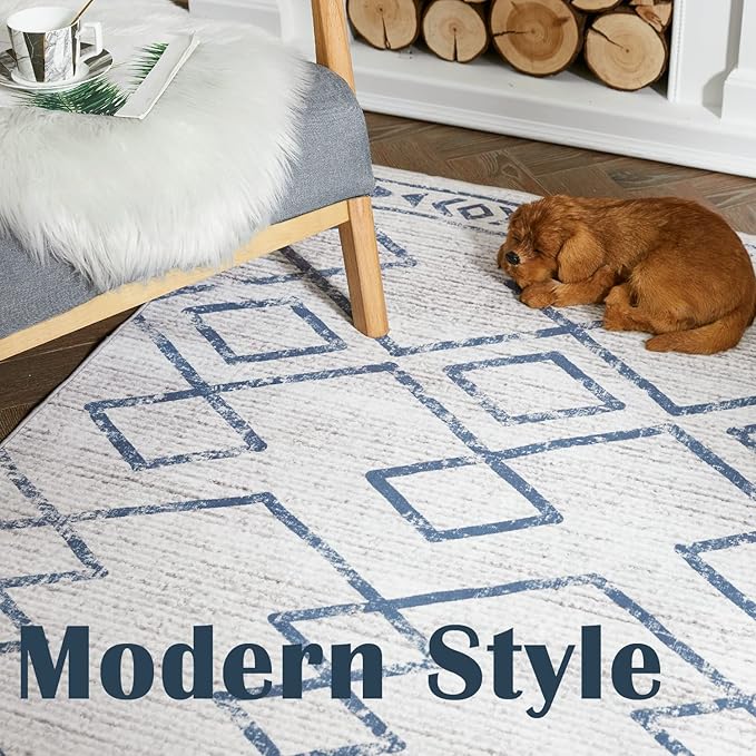 jinchan Hallway Runner Rug 3x7 - Moroccan Kitchen Machine Washable Runner Rug Modern Geometric Soft Faux Wool Ultra-Thin Low-Pile Non-Slip Carpet for Laundry Room Bedroom Farmhouse (3x7ft, Blue)