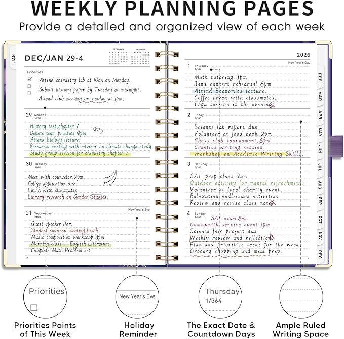 AHGXG 2026 Planner, Weekly and Monthly Planner for Women, Jan 2026 - Dec 2026, Medium Size (5.7" x 8.3"), Calendar 2026, Hardcover with Monthly Tabs, Spiral-Bound, Black-Starry Sky