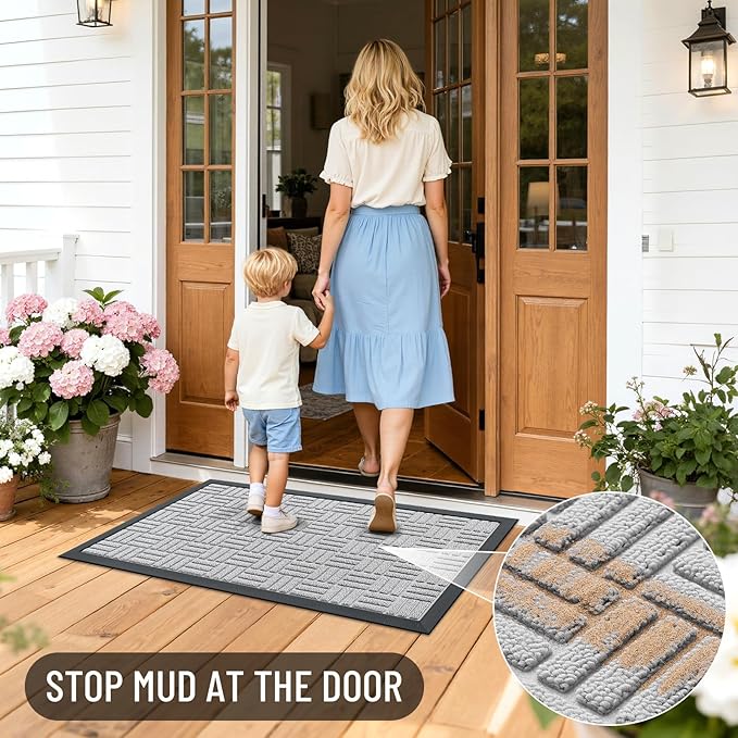 OLANLY Front Door Mat Outside Entrance 47x23, Absorbent, Heavy Duty Sturdy Natural Rubber Doormat Indoor Outdoor, Non-Slip, Stain and Fade Resistant, Low Profile Floor Mat for Entryway, Light Gray