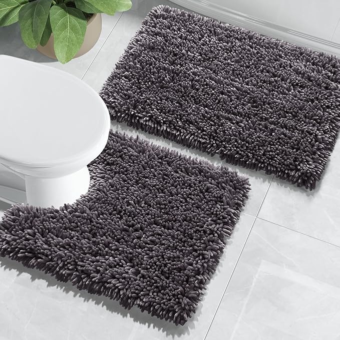 Yimobra Bathroom Rugs Sets 2 Piece, Soft Absorbent Bath Mat and U-Shaped Toilet Rug with Non Slip Backing, Luxury Shaggy Bath Mats for Bathroom, Machine Washable, 24"x17"+24"x20", Dark Grey