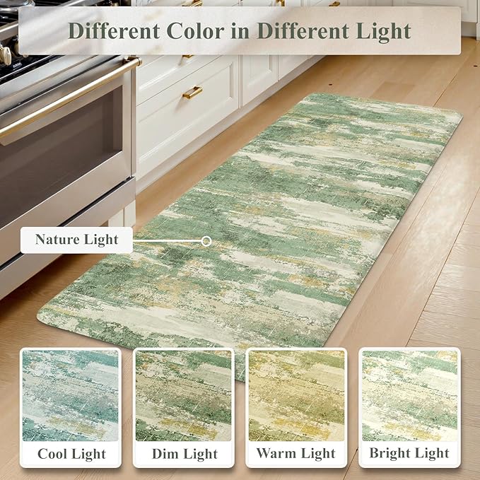 Collive Kitchen Mats Cushioned Anti Fatigue, Modern Abstract Non Slip Kitchen Floor Mat Waterproof Green Sink Rug 2 Piece, Comfort Desk Standing Rugs for Bedroom, Office, Laundry, 17"x29"+17"x47"