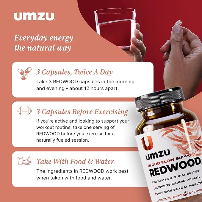 UMZU Redwood Blood Flow Nitric Oxide Supplement for Men & Women, Blood Pressure, Circulation, Stamina, Energy (30 Day Supply | 180 Capsules)