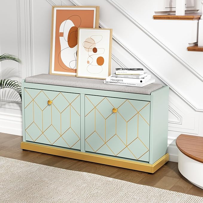 HLR Shoe Bench with Storage, Modern Entryway Bench with 2 Flip Drawer & Padded Cushion Seat, Shoes Storage Bench for Hallway, Closet, Living Room, Green Shoe Storage Cabinet with Bench