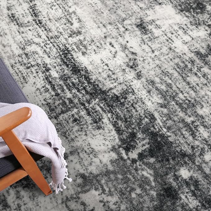 IOHOUZE Modern Abstract Area Rugs 6x9 Ft Washable Rugs for Living Room, Non Slip Dining Room Rug, Printed Faux Wool Rugs for Bedroom, Floor Carpet for Office Nursery Playroom, Black Grey