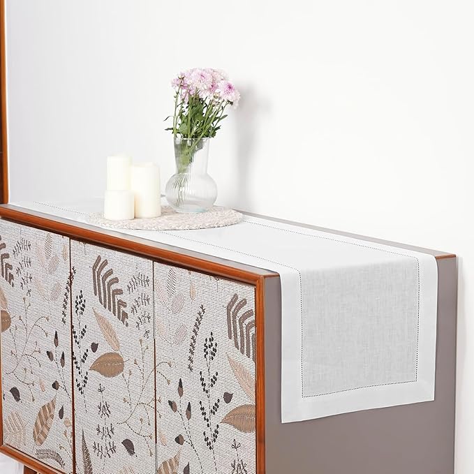 D'Moksha Homes Linen White Table Runner 132 Inches Long - 100% Pure Linen Extra Long Table Runner 14 x 132 Inch for Valentines, Spring, Easter - Classic Hemstitch