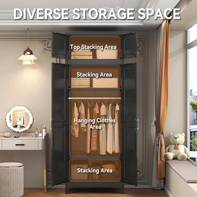Metal Armoire Closet, 86 Inch Tall Wardrobe Armoire with Hanging Rod, Wardrobe Closet for Clothes with Doors, 18" D x 32" W x 86" H,Black, Assemble Required, Shipped in Two Packages