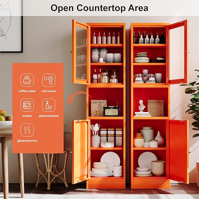 2-Door Metal Storage Cabinet, Tall Slim Pantry Organizer with 3 Adjustable Shelves (120LBS/Shelf), Anti-Tipping Waterproof Cabinet for Bathroom/Kitchen/Home Office/Small Spaces,(1PC,Orange)