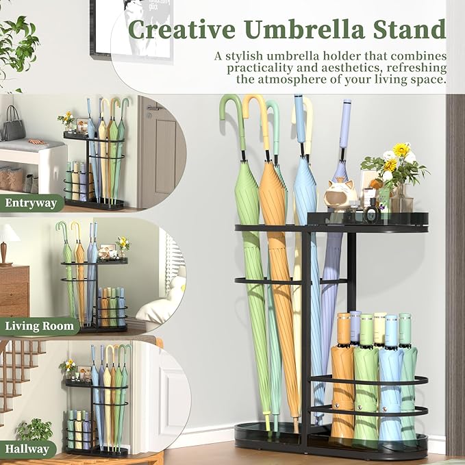 Minimalist Umbrella Stand for Indoor Entryway, Free Standing Umbrella Holder Holds 12+ Paraguas/Canes - Metal Storage Rack with Acrylic Basket & Drip Tray for Home Office Hall