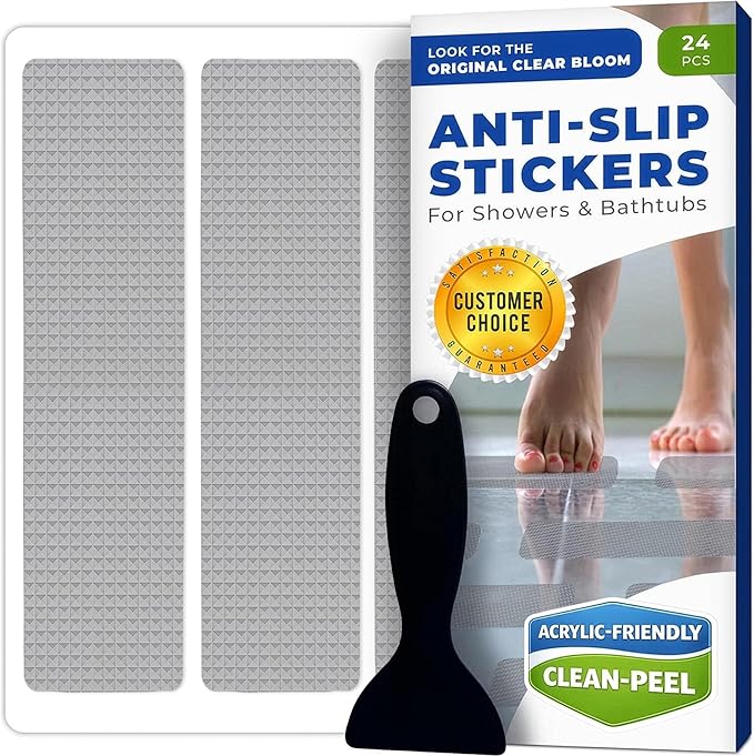 Anti Slip Shower Stickers 24 PCS, Gray Non-Slip Shower Strips for Adults, Premium Adhesive Bath Tub Stickers