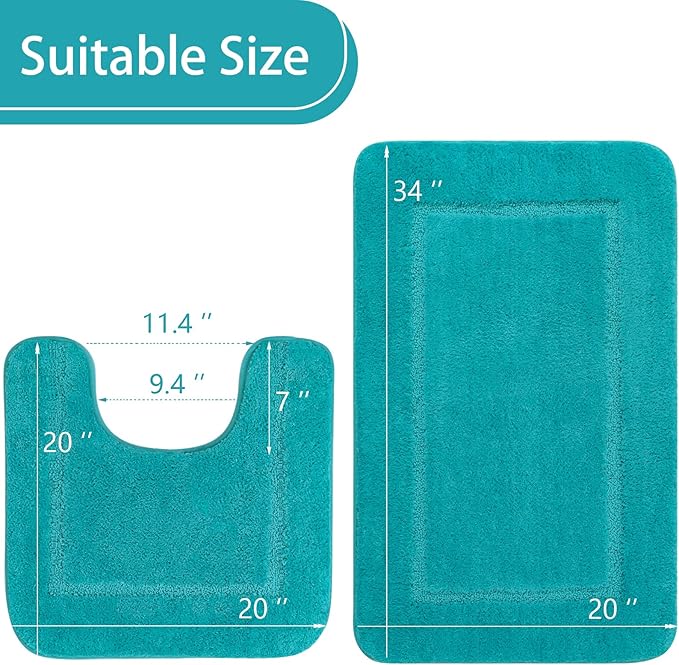 LOCHAS Bathroom Rug Set Teal Blue, Soft Bath Rug Set 2 Piece, Toilet Mat U-Shaped 20x20 and 34x20 Bath Rugs, Quickly Dry Mats for Bathroom, Tub, Washable, Super Absorbent Floor Mat