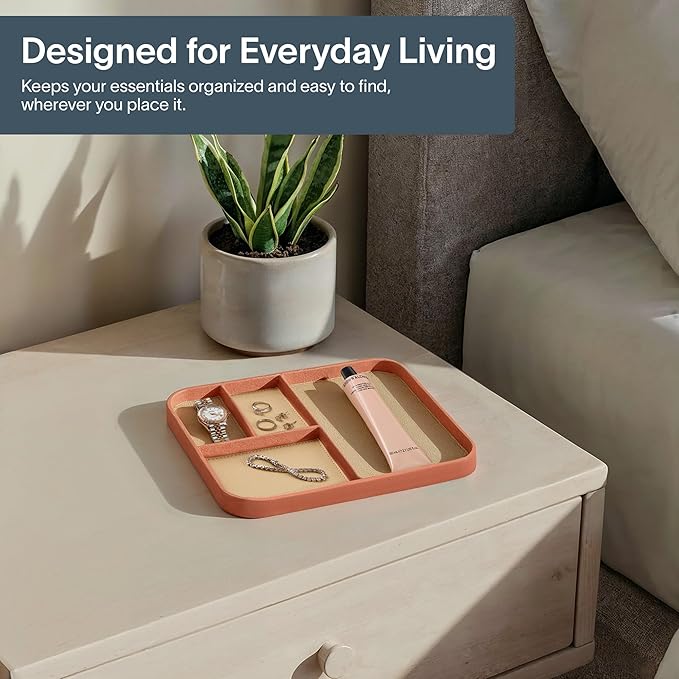 Nordik Leather Valet Tray - Coral Blush Pink - 9.5 x 7.9 Inch Medium Vegan Leather Tray - Stylish Nightstand Organizer for Men - Modern Bedside Caddy - EDC Catchall for Key Watch Wallet Jewellery