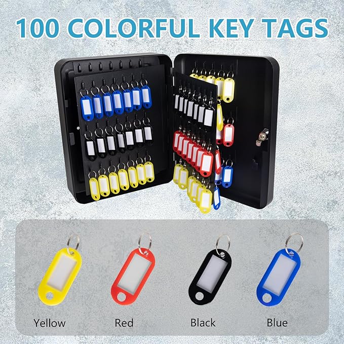 120 Position Key Cabinet with Combination Lock Wall Mount, Black Steel Locking Key Organizer Safe Security Storage Lockbox Holder for Valets, with Colorful Key Tag Labels Stickers and Hooks