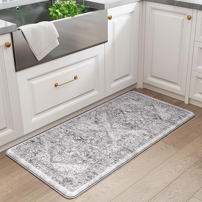 KIMODE Anti Fatigue Kitchen Mat, Cushioned Boho Distressed Kitchen Runner, Non Slip Memory Foam Kitchen Mat for Floor, Waterproof Standing Desk Mat for Laundry, Office, Sink Grey Brown 20"x39"