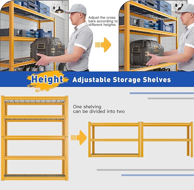 REIBII Storage Shelves, 40''W Garage Shelving, Heavy Duty Metal Shelving 2000LBS, Metal Shelves 5 Tier Industrial Shelf for Kitchen Pantry Warehouse Basement 72" H x 40''W x 17.8''D, Yellow