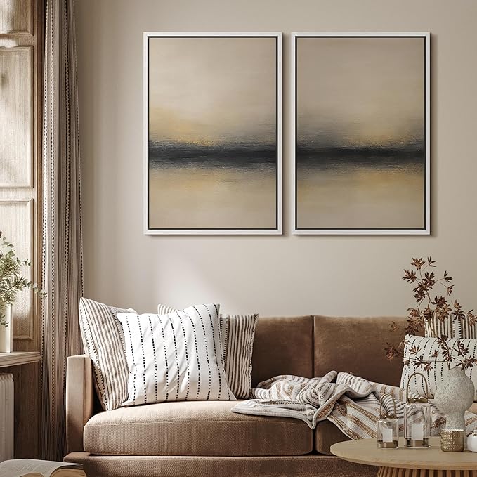 MUDECOR Framed Canvas Print Wall Art Abstract Sunset Horizon Modern Minimalist Beige and Black Illustrations Modern Art Decorative Bohemian Colorful for Living Room, Bedroom, Office - 24"x36"x2 White
