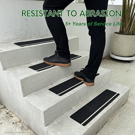 S&X Outdoor Stair Treads Non-Slip, 12-Pack, 6" x 24" Pre-Cut Anti Slip Tape with Glow-in-The-Dark Stripe, Including a Rubber Hand Roller for Easy Application, Weather Resistant, Long-Lasting