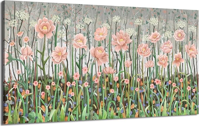 amatop Extra Large Modern Floral Canvas Print: Abstract Pink and Green Wildflowers, Stretched Ready-to-Hang Wall Art for Living Room, Bedroom, or Office (58x29 in)
