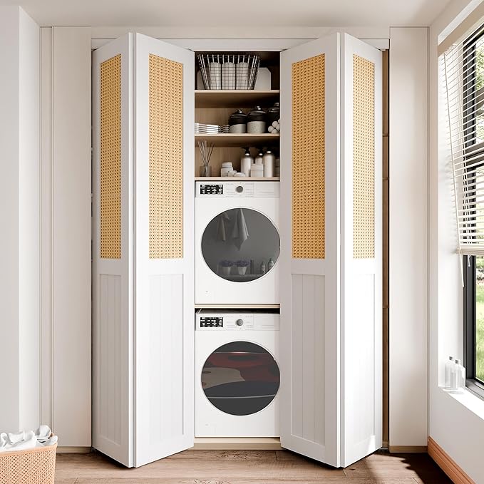 BARNER HOME Cane Bi-fold Doors - for 60in.（30in.x2） x 80in. Opening, Webbing & Wood Interior Door Slab, Including Hardware, MDF, White Folding Door for Wardrobe