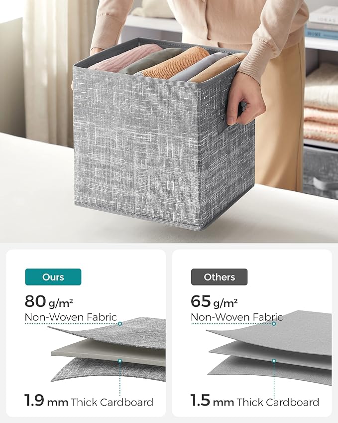 SONGMICS Storage Cubes, 11.8-Inch Non-Woven Fabric Bins with Double Handles, Set of 6, Closet Organizers for Shelves, Foldable, for Clothes, Cattail Gray UROB030G01