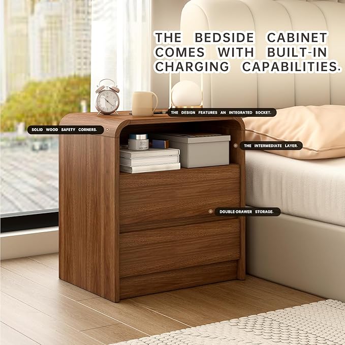 Walnut Nightstand with Charging Station, 21 Inch Wide Night Stand with Deep Drawers, Modern Bedroom Bedside End Table with Rounded Corners Anti-Collision Design for Dorm, Sofa, Office