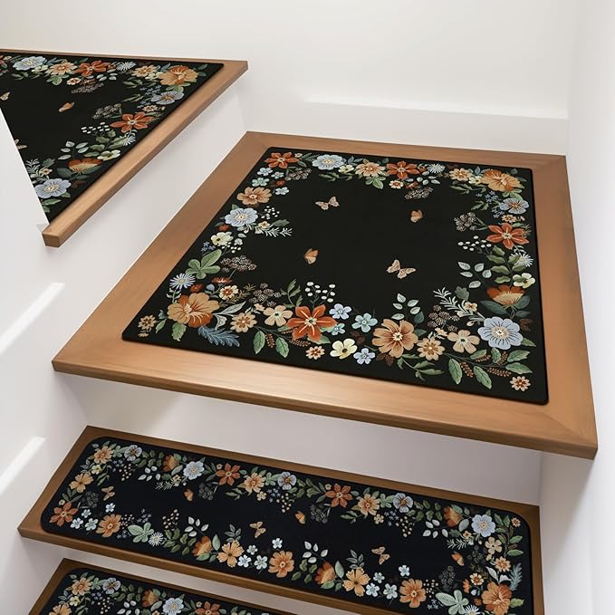 OJIA Floral Stair Treads Non-Slip Matching Mat for Wooden Steps, Square Capet Stair Treads Rubber Backing Stair Runner Anti-Slip Stair Landing Mat 31x31 Inch Stair Rugs