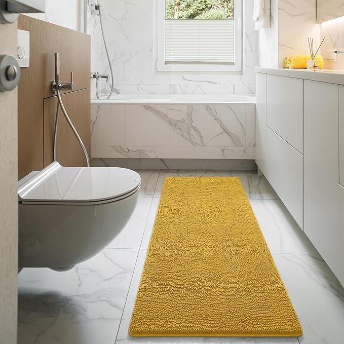LOCHAS Luxury Bathroom Rug Shaggy Bath Mat 24 x 70 Inch, Washable Non Slip Bath Rugs for Bathroom Shower, Soft Plush Chenille Absorbent Carpets Mats, Yellow