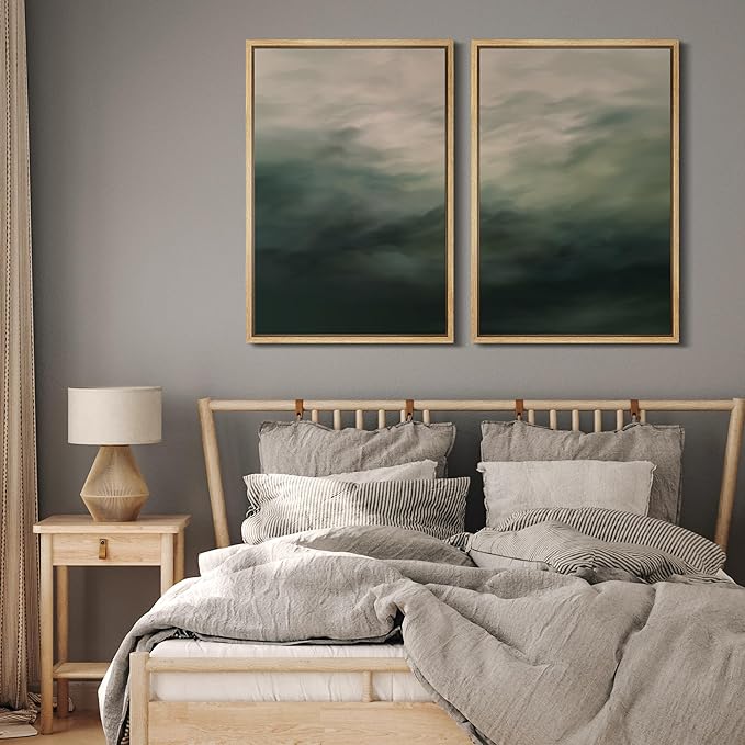 MUDECOR Framed Canvas Print Wall Art Dark Green Abstract Misty Landscape Moody Illustrations Modern Art Decorative Chic for Living Room, Bedroom, Office - 24"x36"x2 Natural
