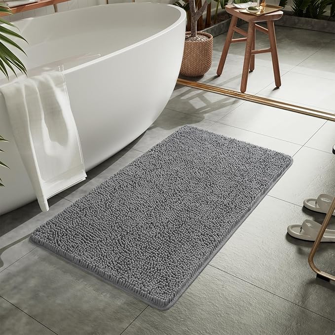 LOCHAS Luxury Bathroom Rug Shaggy Bath Mat 24 x 36 Inch, Washable Non Slip Bath Rugs for Bathroom Shower, Soft Plush Chenille Absorbent Carpets Mats, Light Gray