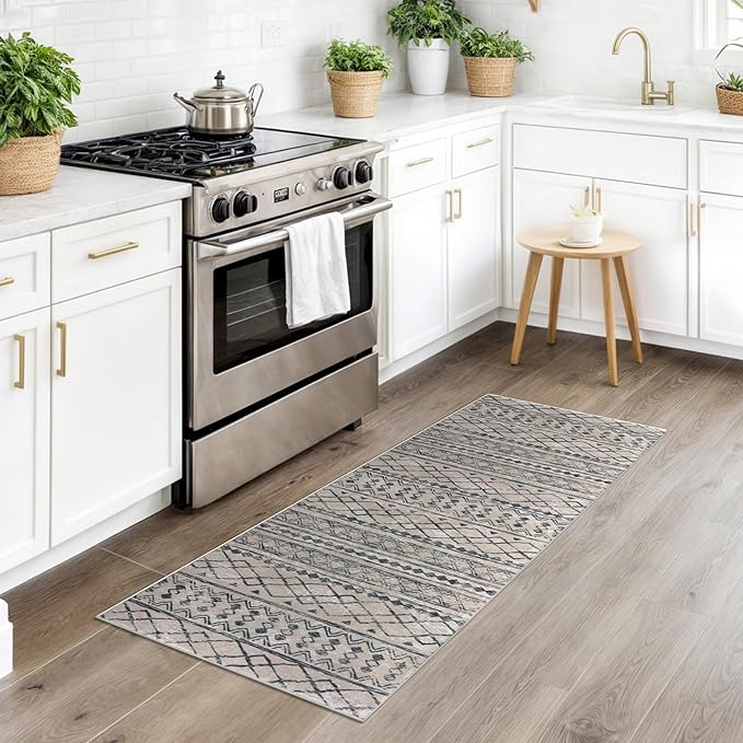 KUTA Boho Kitchen Runner 2x5 Brown Black Moroccan Washable Rug Non-Slip Vintage Hallway Runners Ultra Soft Distressed Geometric Floor Carpet for Bedroom Laundry Living Room