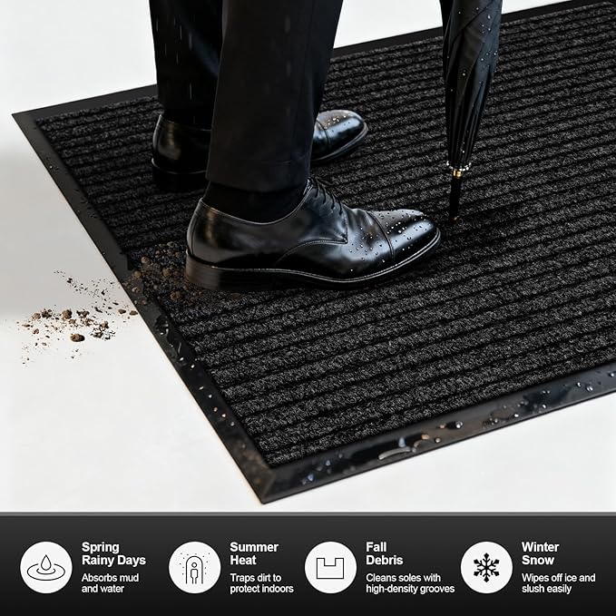 Non-Slip Waterproof Rubber Door Mat, 2'7" x 4' Commercial Floor Mat for High Traffic Areas, Easy Clean Low Profile, for Entrance, Indoor/Outdoor, Office, Patio, Garage
