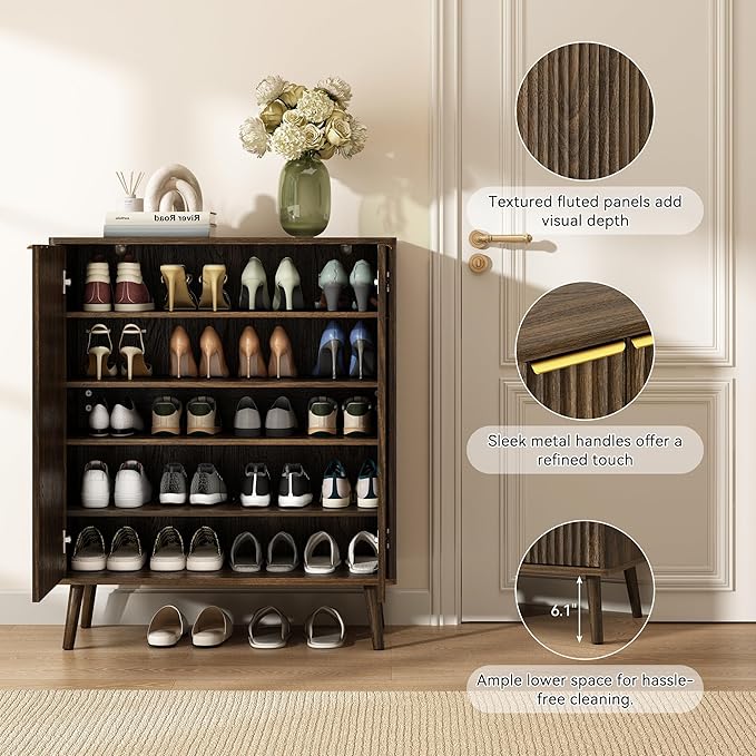 Fluted Shoe Cabinet with Doors Set of 2, 5-Tier Shoe Storage Cabinet with Adjustable Shelves, Wooden Freestanding Shoe Organizer Shoe Cabinet for Entryway,Hallway,Living Room, Walnut