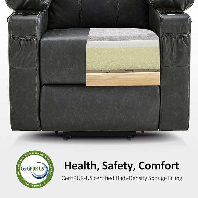 MCombo Power Lift Recliner Chair for Elderly, Lift Chair with Heat and Massage, FSC Certified, USB Ports, Cup Holders, Faux Leather 7141 (Grey, Small)