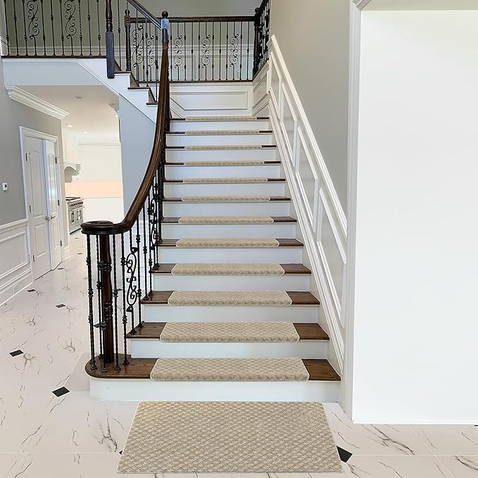 PURE ERA Bullnose Carpet Stair Treads Tape Free Non-Slip Indoor Stair Protectors Pet Friendly Stair Treads for Wooden Steps 9.5" x 30"(14 Pieces,Cream Gray Mini-Diamond Trellis)