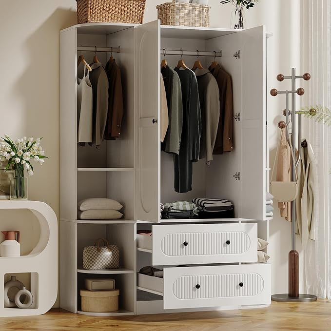 69” Fluted Large Capacity Storage Wardrobe Armoire, Wardrobe Armoire Wooden Closet with 2 Doors, 3 Hanging Rod Shelves, 2 Drawers & 6 Display Shelves, Bedroom Clothing Storage Cabinet White