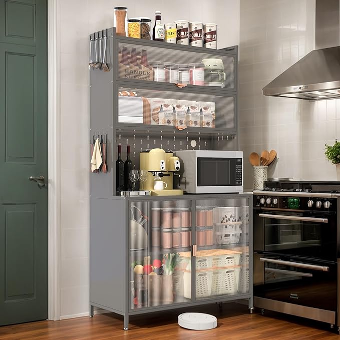 73'' Tall Kitchen Pantry Cabine, 6 Level Flip Door with Pegboard Spacious, Adjustable & Stylish Metal Pantry Storage Cabinet, Anti-Tip Design Hutch for Kitchen Dining Room Living Room, Gray