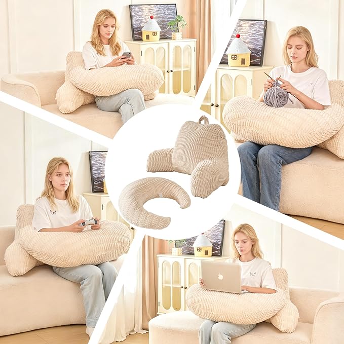 Back Pillow for Bed Sitting Up,U Shaped & Back Support Pillow for Bed,19" Backrest with Lumbar & Arm Support,Comfy Corduroy Fabric,Lap Pillow for Gaming/Reading/Watching TV,White