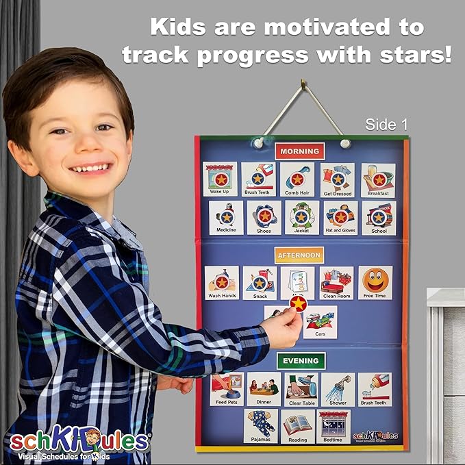 SchKIDules Deluxe Magnetic Visual Schedule & Reward Chart w/189 Colorful Magnets & Reversible 18” Folding Board for Daily Routines, Chores, Behavioral Supports, Kids Calendar, ADHD & Autism Icons